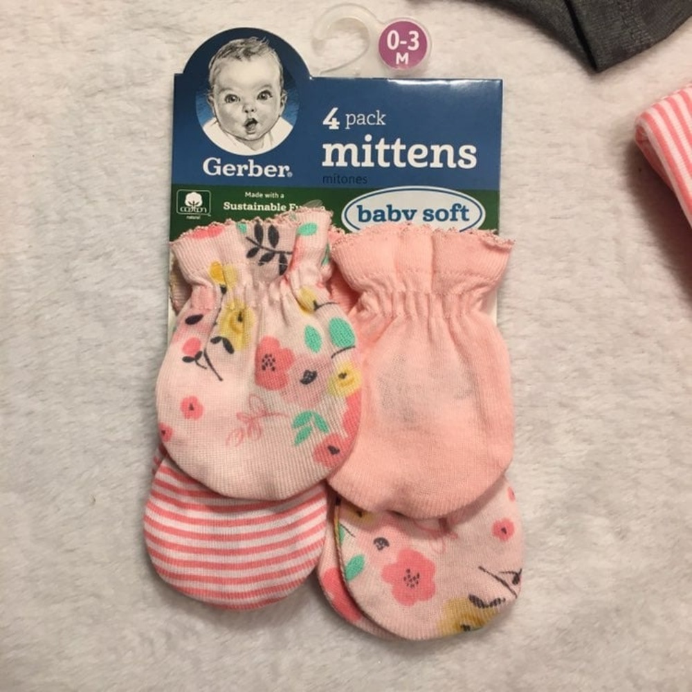 Gerber Mittens Kids 0-3M Pink New Floral Striped 4 Pack No-Scratch Cotton